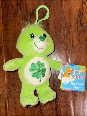 Vintage Care Bear Plush Keychain Bag Clip Good Luck Bear Clip-On (2002) Green